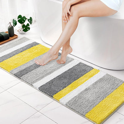 MIULEE Yellow Grey Bathroom Rug 16x24 Inch, Small Soft Thick Microfiber Striped Bath Mat, Non Slip Fluffy Plush Machine Washable Quick Dry for Bathroom Decor, Floor Tub and Shower