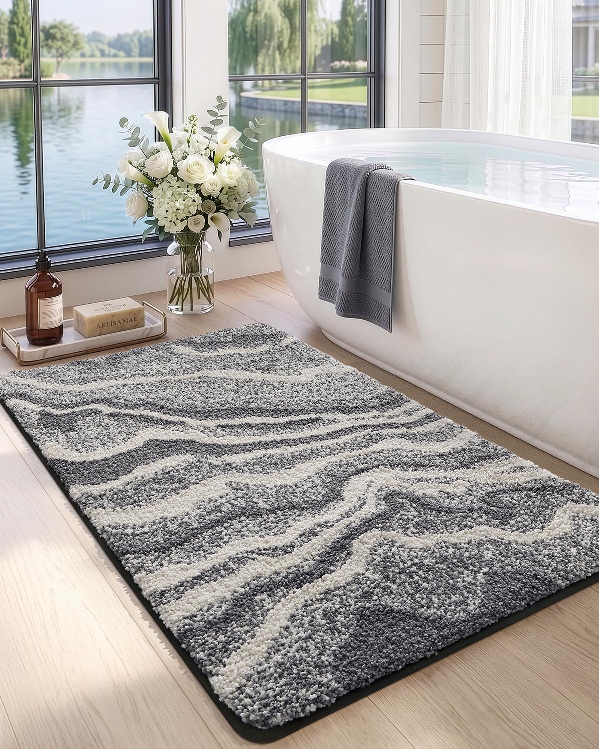 DEXI Marble Bath Mats 36x24, Bathroom Rugs Non Slip Machine Washable, Grey