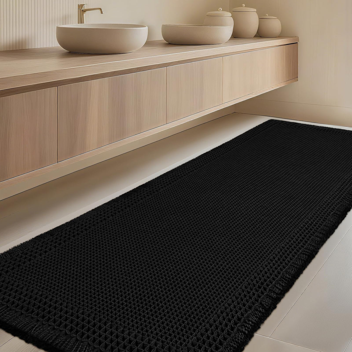 Upgrade Waffle Bath Mat Set 2 Piece, Boho Bathroom Rugs Absorbent Non Slip, Ultra Soft Bathroom Mat, Machine Washable Knit Bath Rugs with Herringbones for Bathroom, Bedroom, Kitchen, Shower, White