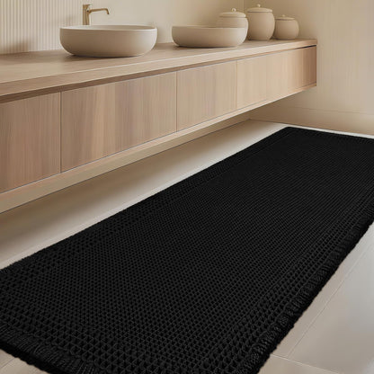 Upgrade Waffle Bath Mat Set 2 Piece, Boho Bathroom Rugs Absorbent Non Slip, Ultra Soft Bathroom Mat, Machine Washable Knit Bath Rugs with Herringbones for Bathroom, Bedroom, Kitchen, Shower, White