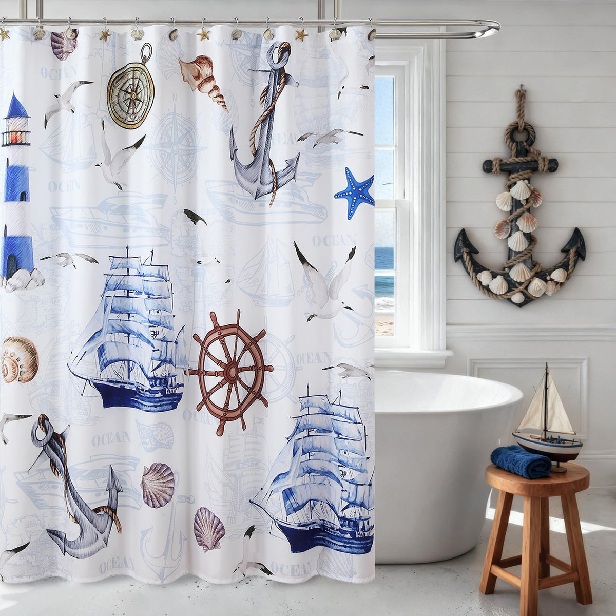 Coastal Seashell Fabric Shower Curtain, Under The Sea Beach Ocean Theme Shower Curtain with Starfish & Coral, Waterproof Blue Nautical Decorative Bathroom Curtains, 72" W x 72" H