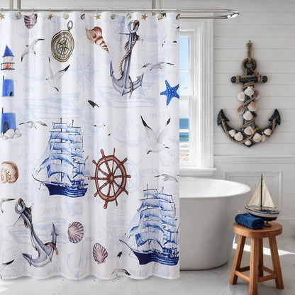 Coastal Seashell Fabric Shower Curtain, Under The Sea Beach Ocean Theme Shower Curtain with Starfish & Coral, Waterproof Blue Nautical Decorative Bathroom Curtains, 72" W x 72" H