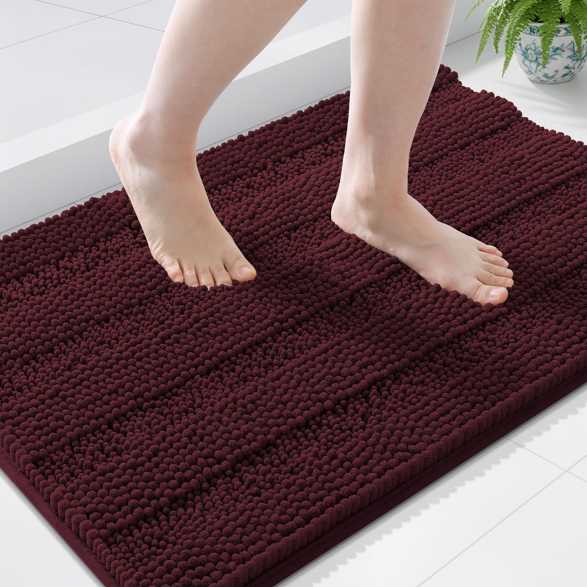 Grandaily Chenille Striped Bathroom Rugs 36x24, Extra Thick and Absorbent Bath Mats, Non-Slip Soft Plush Shaggy Shower Carpet, Machine Wash Dry, Bath Rug for Bathroom, (Large, Light Grey)