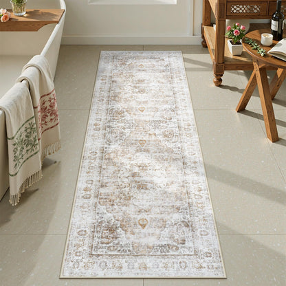 Uphome Boho Small Bath Mat, Distressed Farmhouse Light Khaki Bath Rugs, Comfy Velvet Bathroom Rugs Non Slip Washable, Vintage Oriental Toilet Rug for Sink Shower Vanity, 18x26 inch