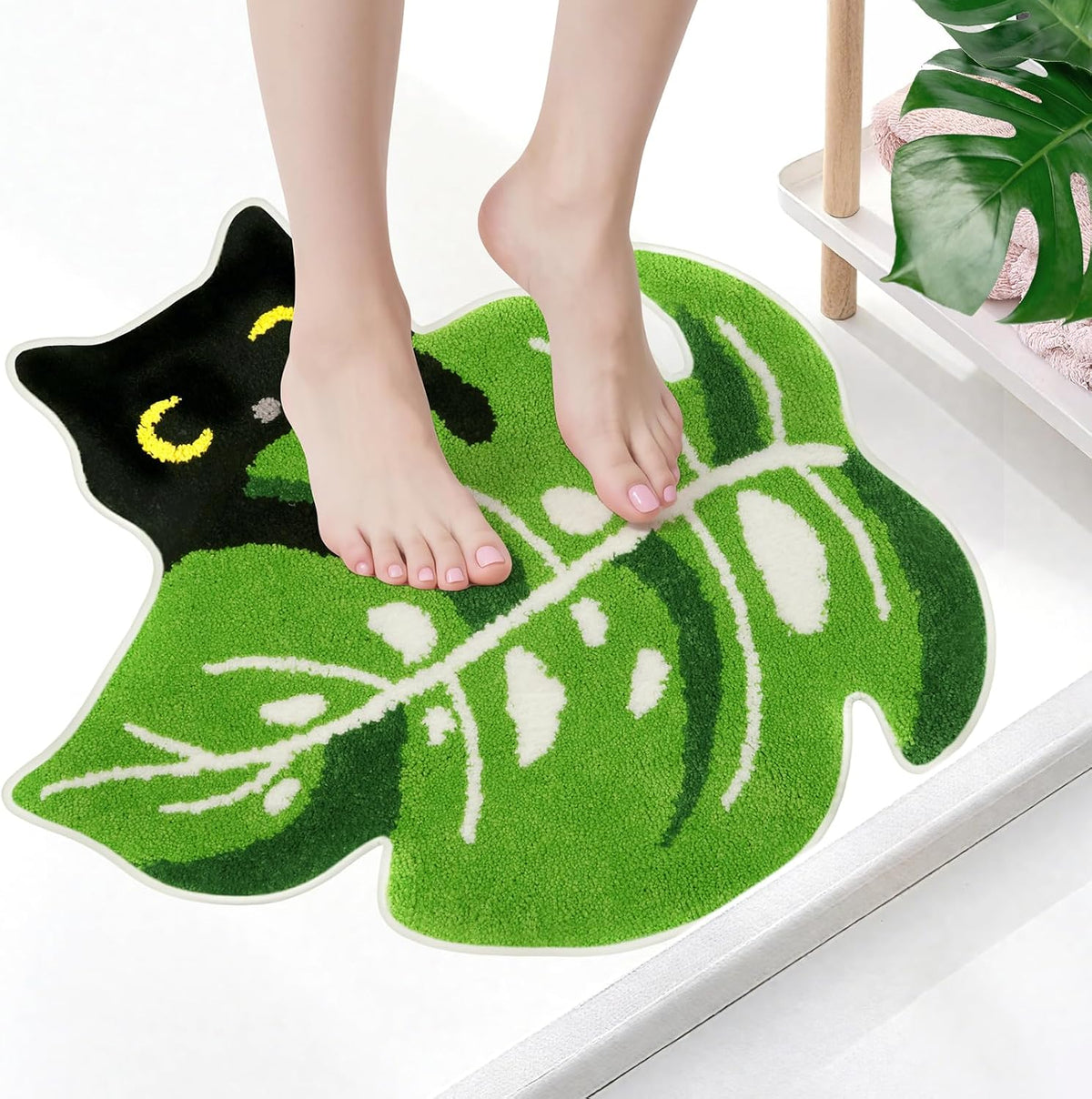 Bathroom Rugs with Green Leaf,Black Cat Monstera Rug