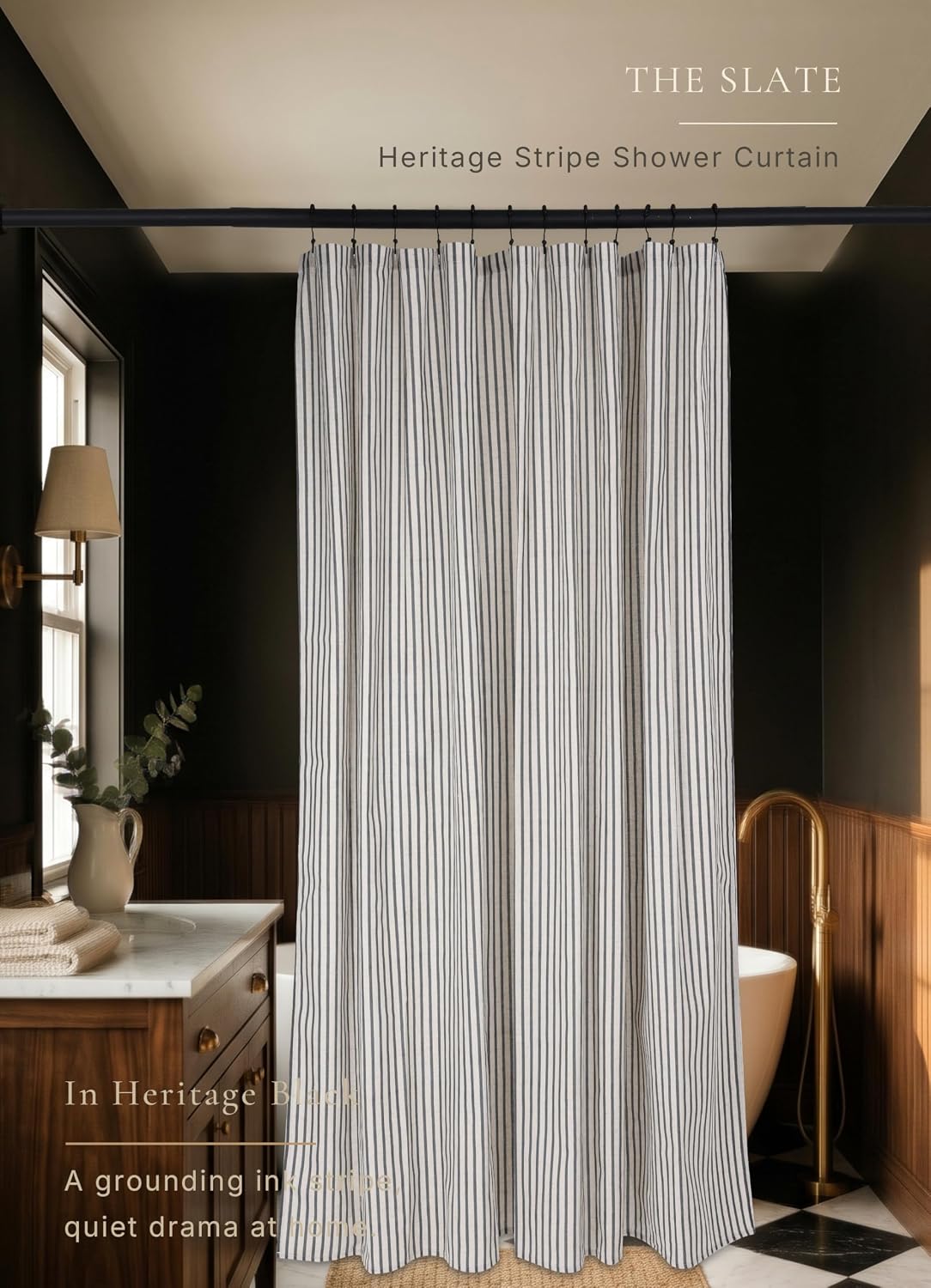 Farmhouse Striped Shower Curtain - 72x72 Inches, Linen Blend Fabric, Breathable & Machine Washable, Rustic Black for Bathroom Decor (Hooks/Liner Not Included)