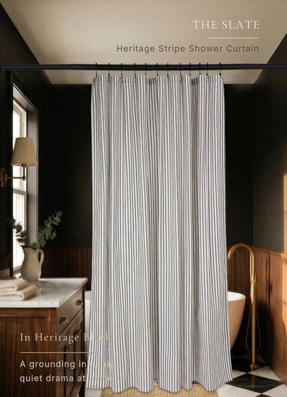Farmhouse Striped Shower Curtain - 72x72 Inches, Linen Blend Fabric, Breathable & Machine Washable, Rustic Black for Bathroom Decor (Hooks/Liner Not Included)