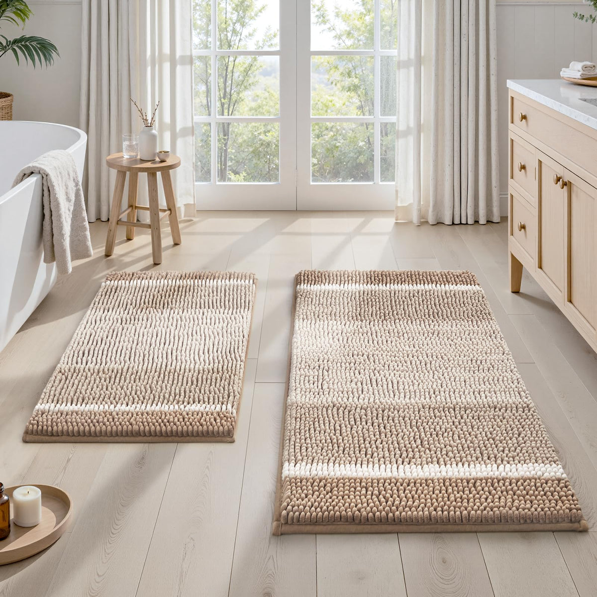 HOMEIDEAS Blue Bathroom Rugs Set, Striped Chenille, 20"x32"+17"x24"