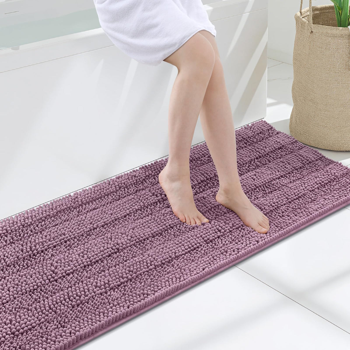 Grandaily Chenille Striped Bathroom Rugs 36x24, Extra Thick and Absorbent Bath Mats, Non-Slip Soft Plush Shaggy Shower Carpet, Machine Wash Dry, Bath Rug for Bathroom, (Large, Light Grey)