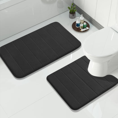 Yimobra Memory Foam Bathroom Rugs Sets 2 Piece - Super Soft Absorbent Quick Dry Bath Mat Set, Machine Washable Non Slip Floor Carpet for Tub Shower & Single Sink (17x24 & 31.5x20 Inch, Black)