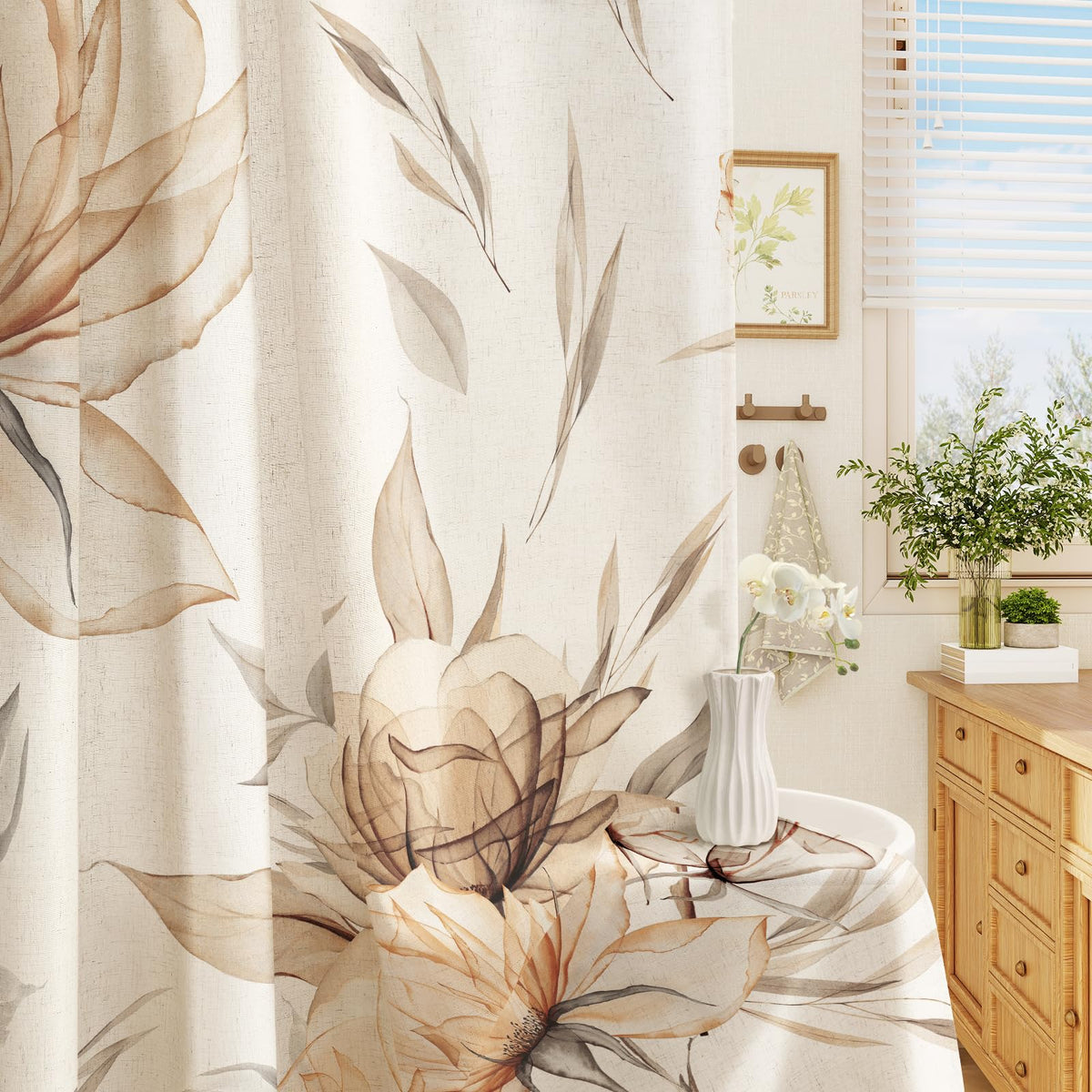 Blue Boho Floral Shower Curtain, Watercolor Botanical Design, 72 x 72