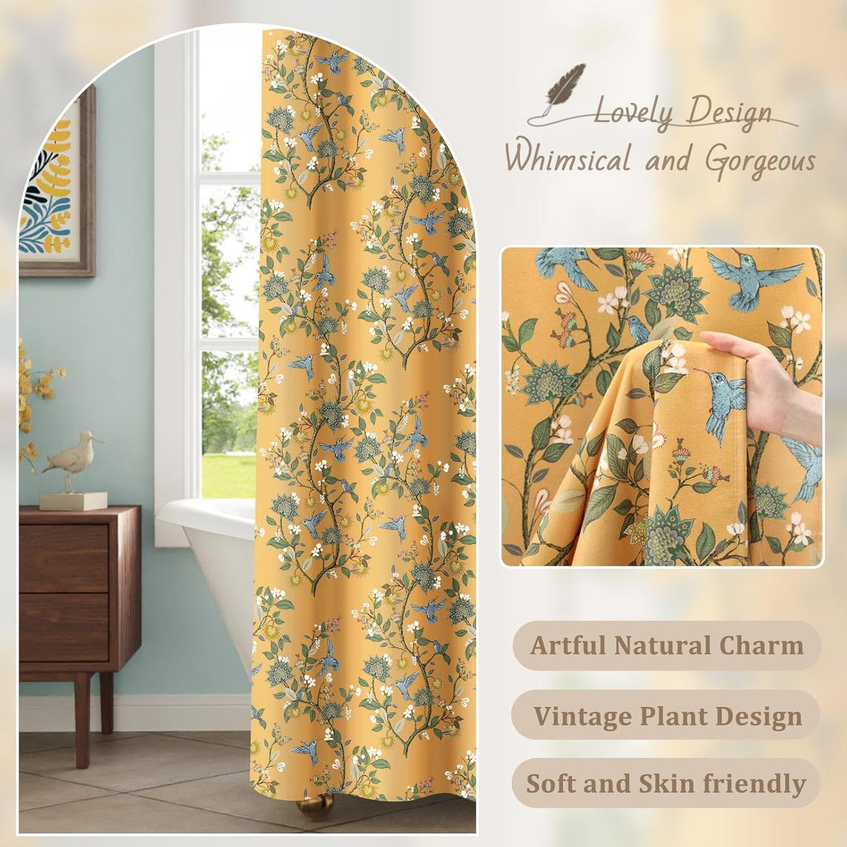 Mustard Yellow Cotton Floral Shower Curtain,Vintage Anthropologie Shower Curtains for Bathroom,72Wx72H