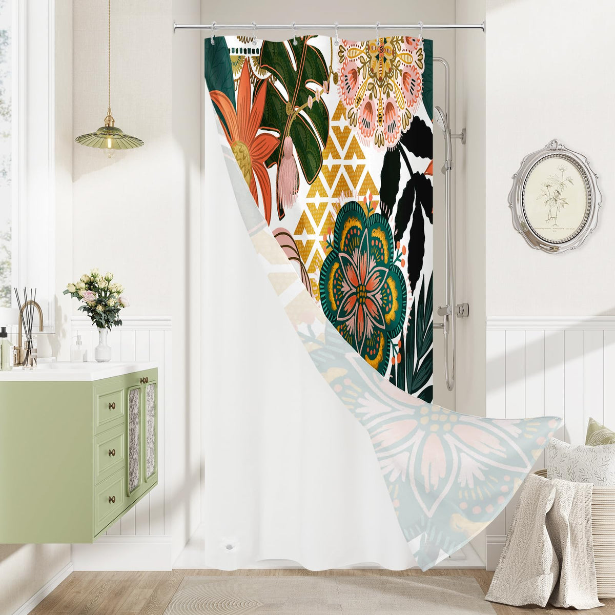 Boho Floral Shower Curtain, Vintage Botanical Fabric Curtain, 72 x 72