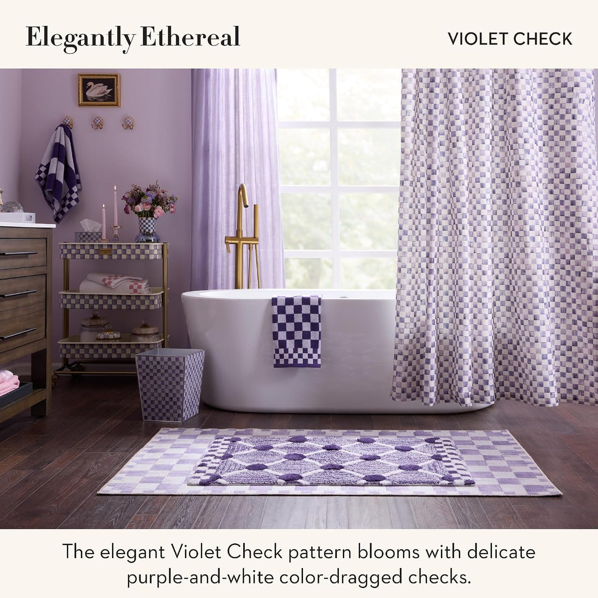 MACKENZIE-CHILDS Shower Curtain, Washable Fabric Shower Curtain for Bathroom Decor, 72" x 72", Purple-and-White Violet Check