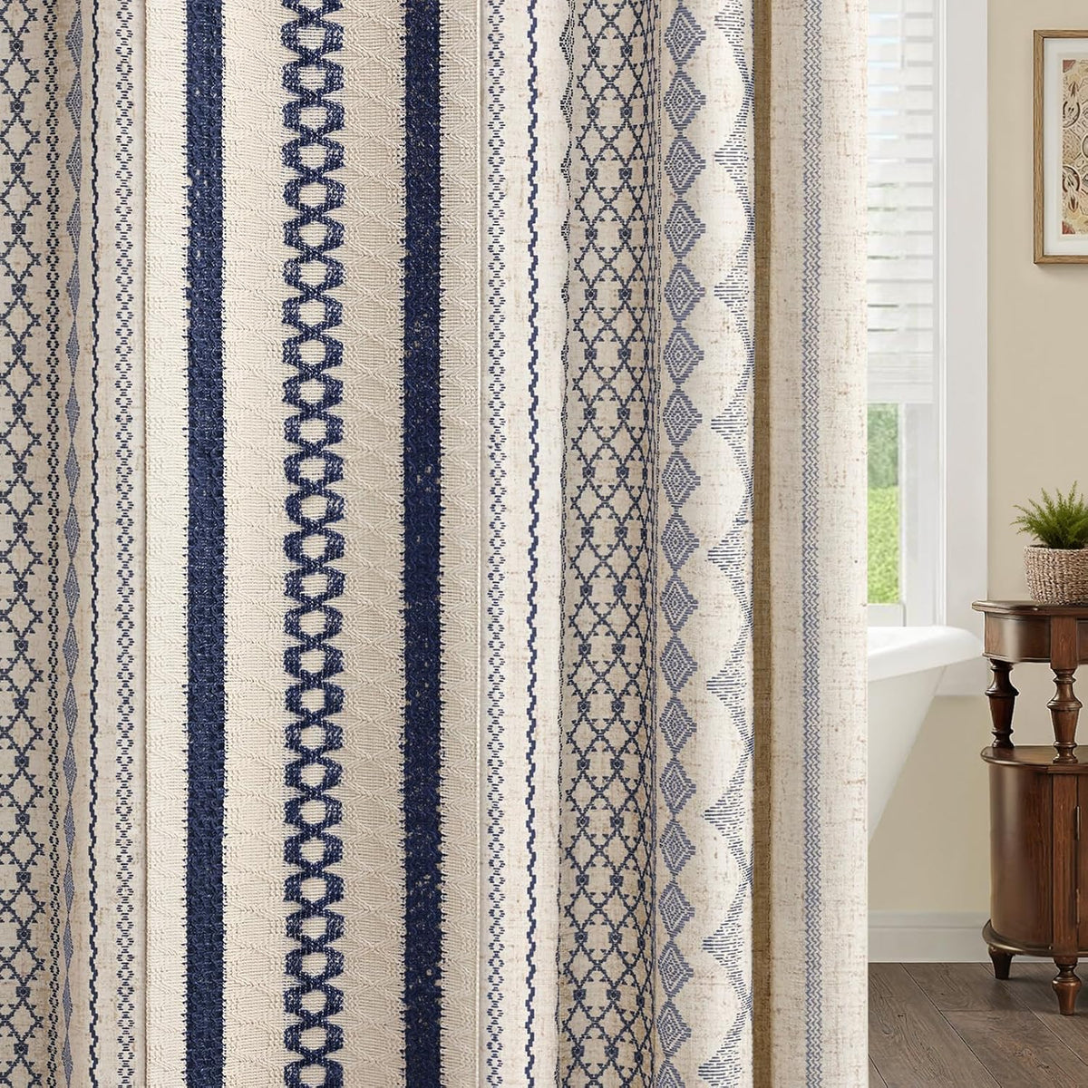Nave Blue Boho Linen Shower Curtain,72" W x 72" L