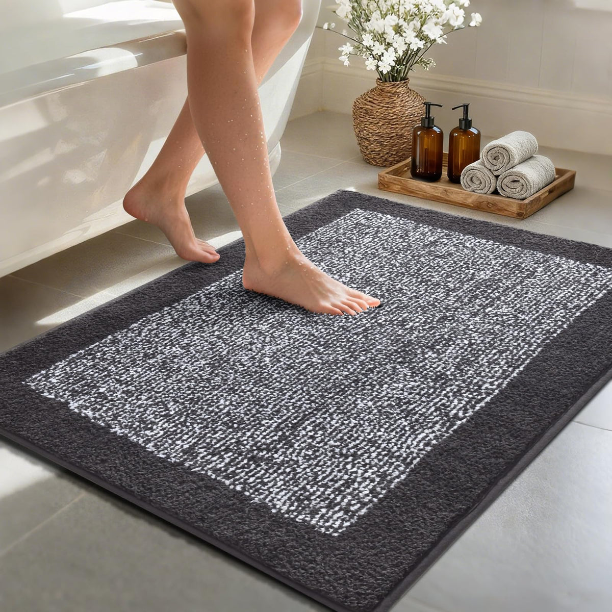 Long 2x4 Ft (48''x24'') Bathroom Rugs, Non Slip Washable Bath Mat Grey