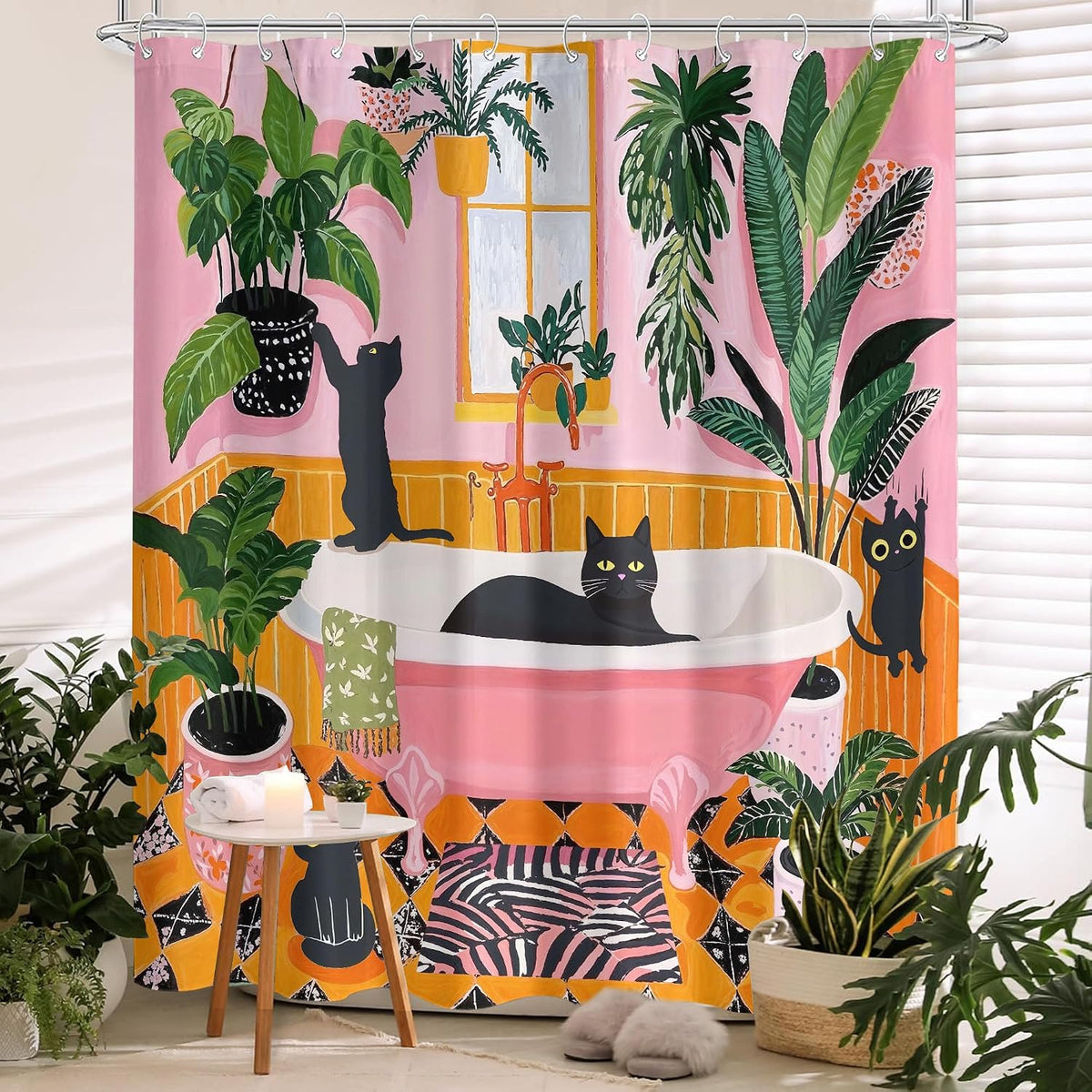 Funny Cat Shower Curtain Boho Cute Fun Black Cats Matisse Shower Curtains for Bathroom Kitten Green Tropical Plant Leaves Pink Orange Yellow Waterproof Fabric Bath Curtain Decor 72 X 72 Inches