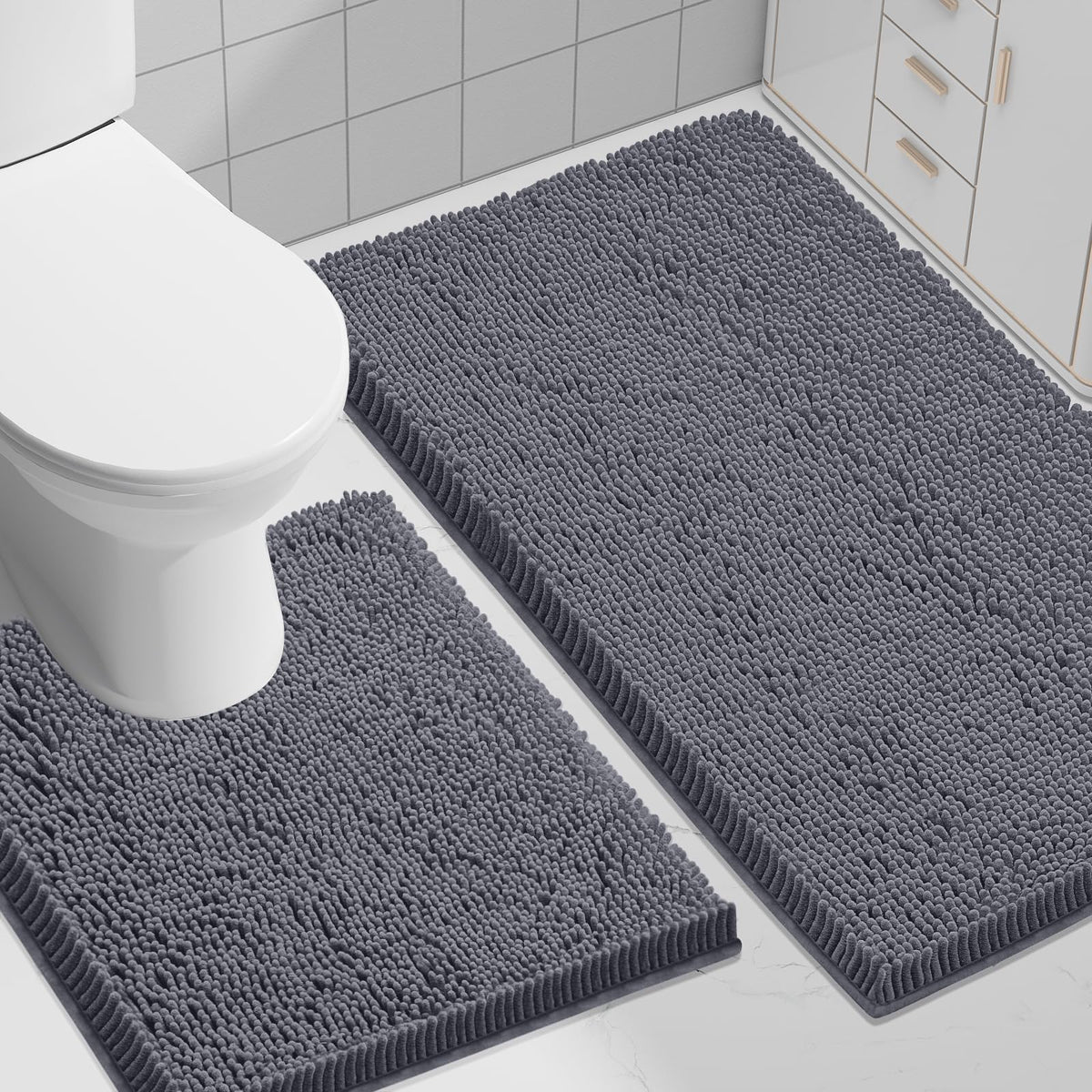 Smiry Chenille Bathroom Rugs Sets 2 Piece (30x20+24x16, Black)