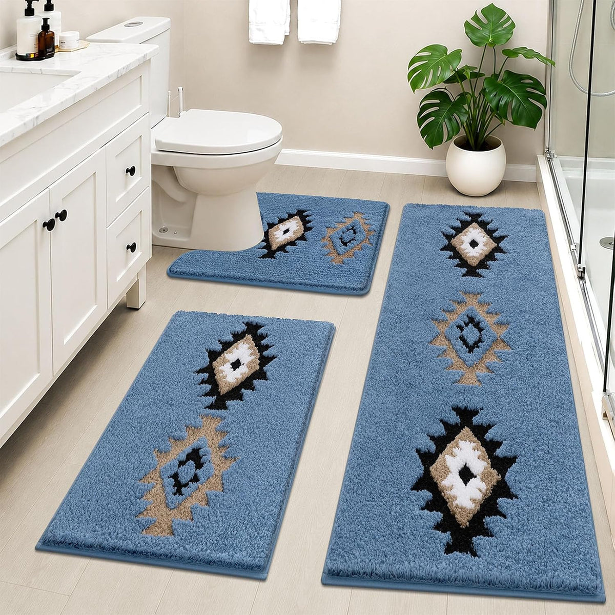 HEBE Boho Bathroom Rugs Set 3 Piece, Non Slip Washable Bath Mat Set