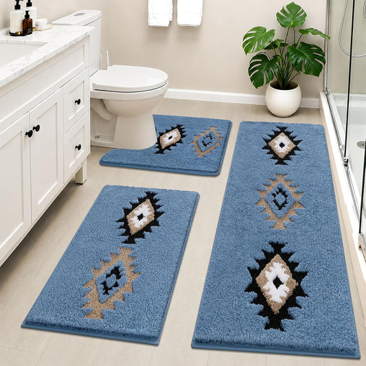 HEBE Boho Bathroom Rugs Set 3 Piece, Non Slip Washable Bath Mat Set