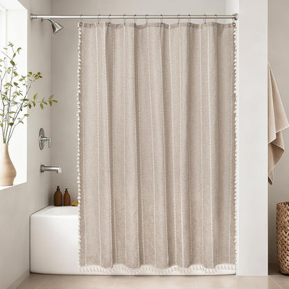 Seenus Boho Farmhouse Linen Shower Curtain with Tassels, Tan Brown Heavyweight Soft Fabric Shower Curtain Striped, 72 x 72 Inch Taupe Water Repellent Rustic Country Bathroom Curtain Wrinkle-Free