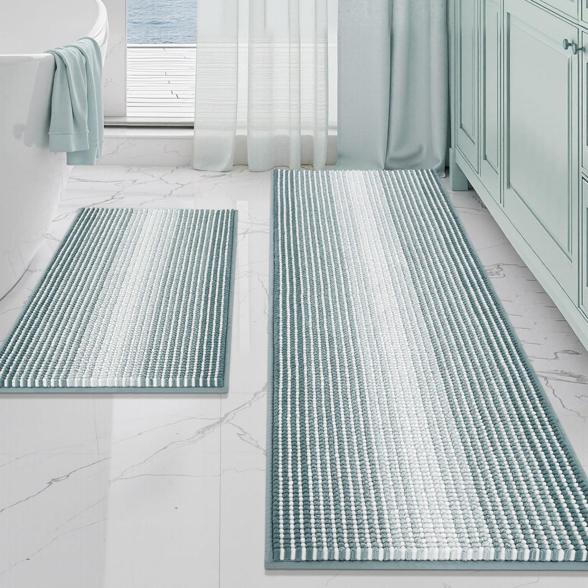 BSICPRO Bathroom Rugs Sets 2 Piece, Non Slip Striped Bath Mats, Fog Blue