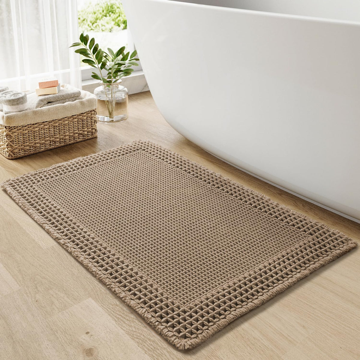 RESARE Waffle Bathroom Runner Rugs, Non Slip Boho Bath Mat 24"x72" Brown