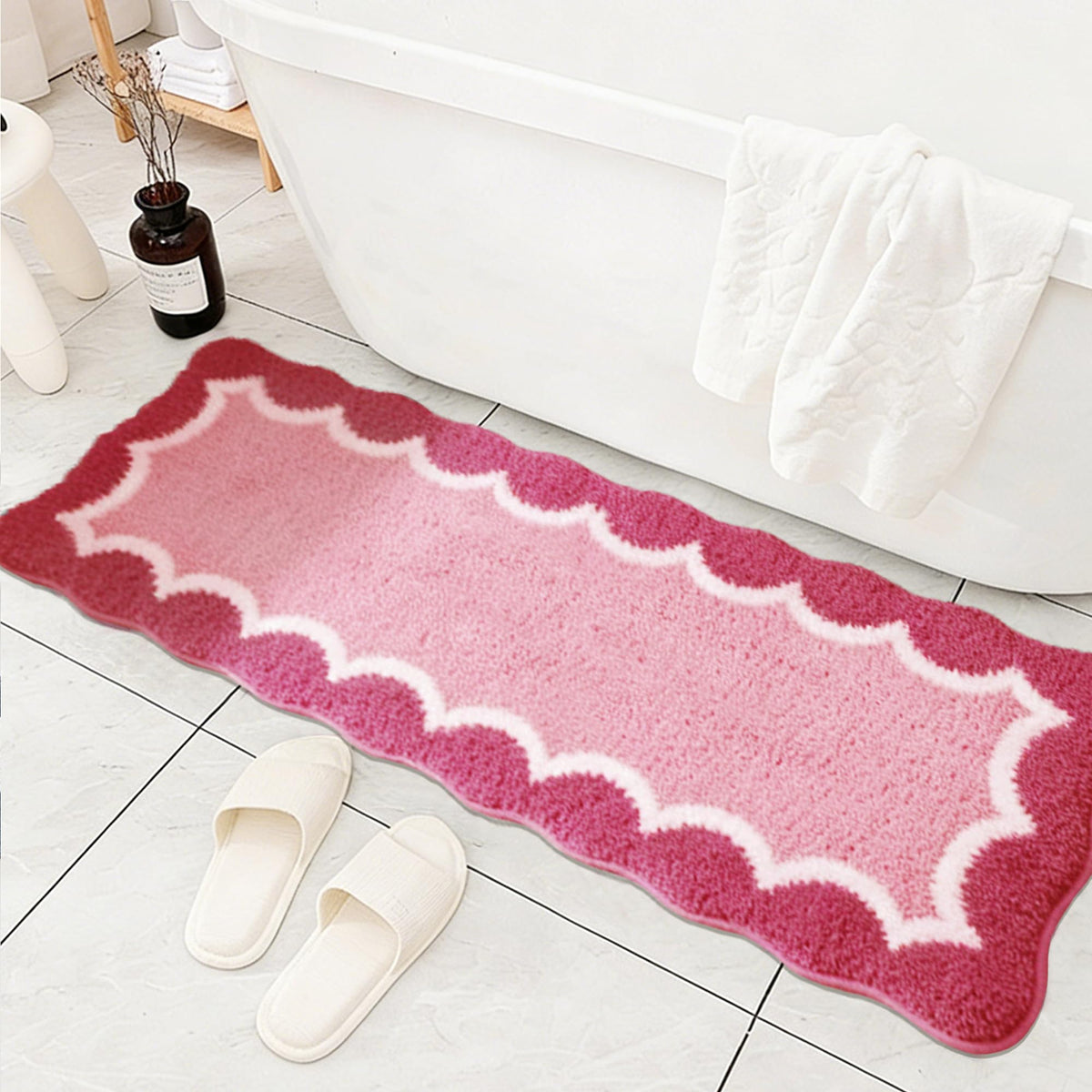 Cute Scalloped Rose Pink Bathroom Rugs Mat,Non Slip Absorbent Quick Dry Bath Mats for Shower Room,Microfiber Bath Mats for Bathroom Floor Washable Carpet for Shower Tub Sink Bedroom,20"x32"