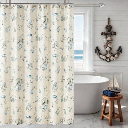 Coastal Seashell Fabric Shower Curtain, Under The Sea Beach Ocean Theme Shower Curtain with Starfish & Coral, Waterproof Blue Nautical Decorative Bathroom Curtains, 72" W x 72" H