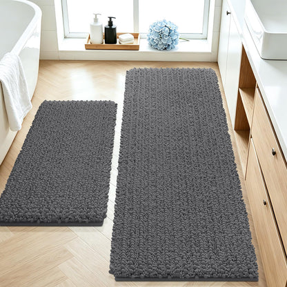 ACCUMTEK Upgrade Extra Large Black Bathroom Rug Set 3 Pieces Ultra Soft, Thick Absorbent Bath Mats, Non Slip Chenille Toilet Mat for Bathroom, Bedroom, Kitchen
