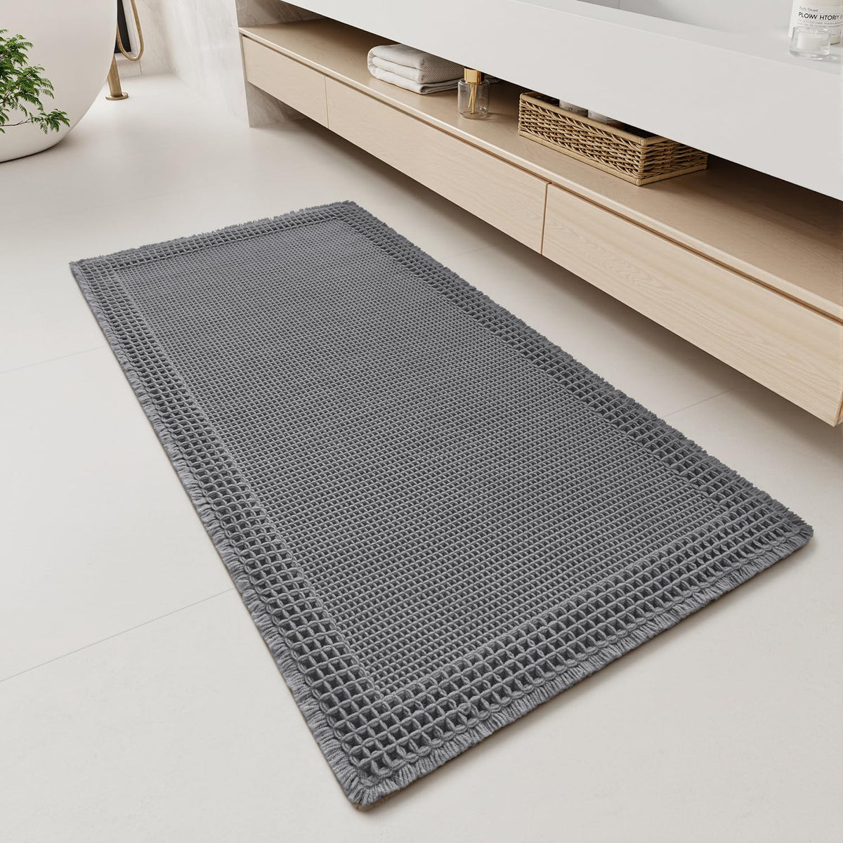 RESARE Waffle Bathroom Runner Rugs, Non Slip Boho Bath Mat 24"x72" Brown