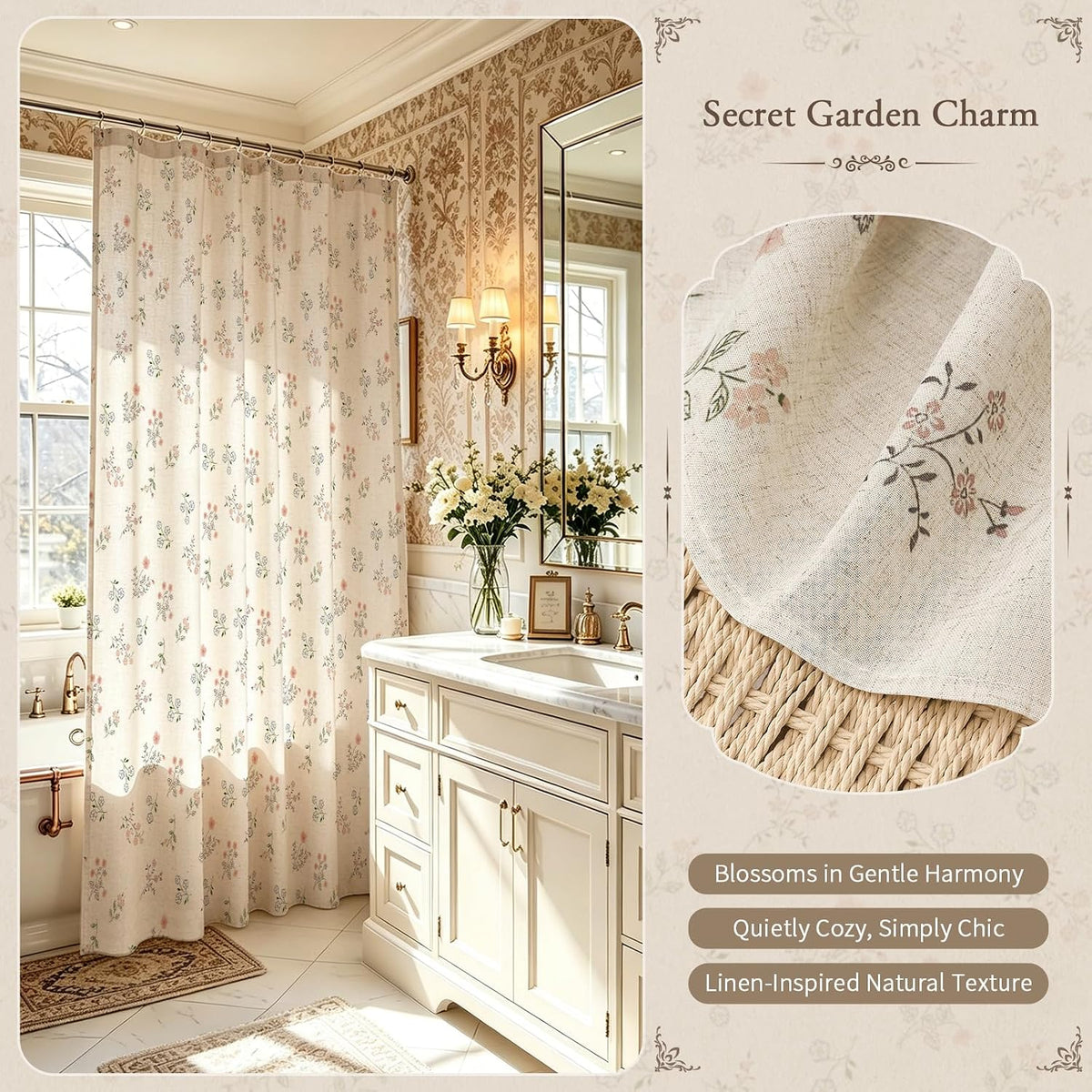Farmhouse Linen Shower Curtain, Boho Garden Floral Curtain, 72 x 72