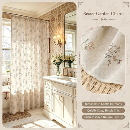 Farmhouse Linen Shower Curtain, Boho Garden Floral Curtain, 72 x 72