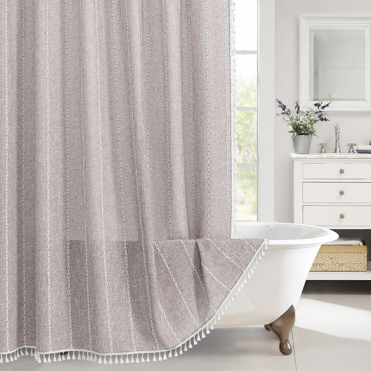 Boho Farmhouse Tassel Linen Shower Curtain,3D Embroidery Stripe Black,72x72