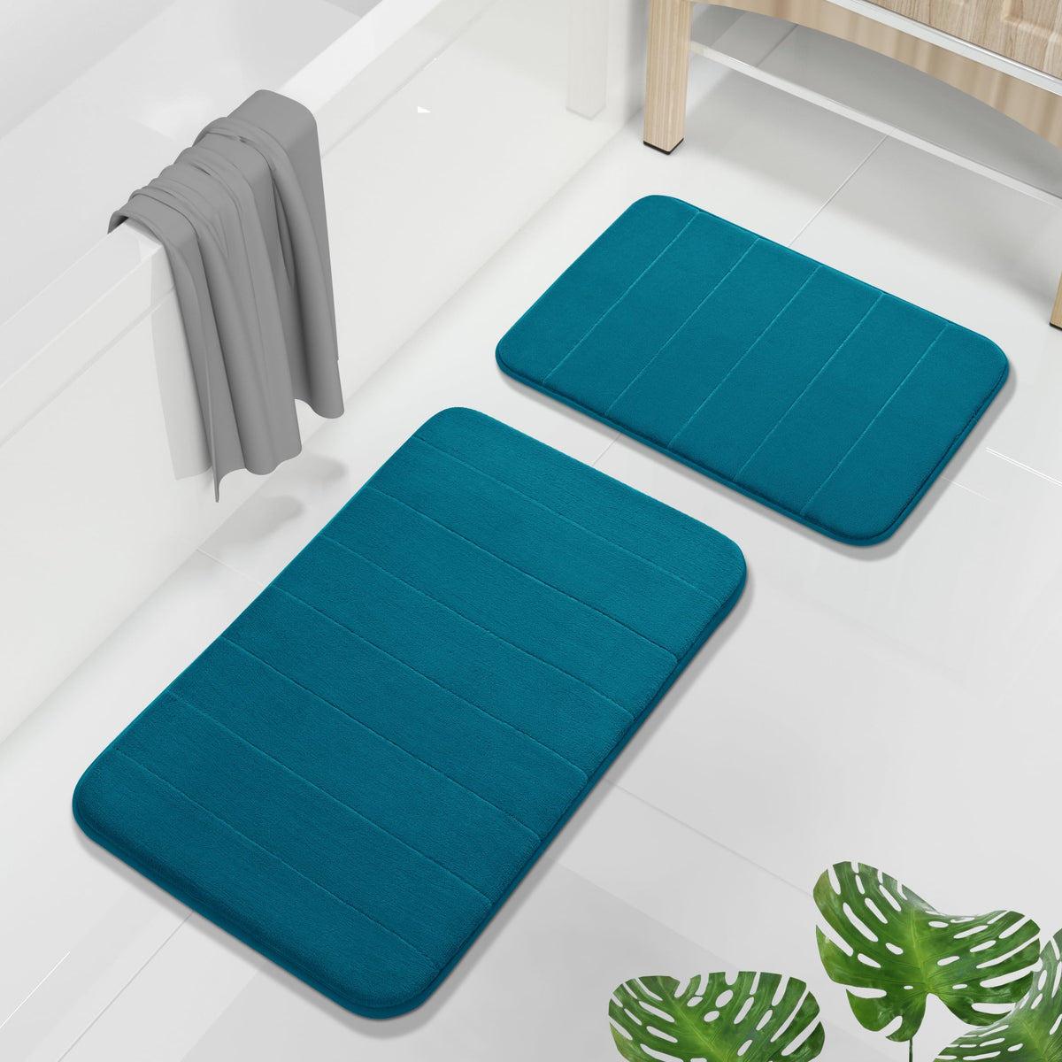 Yimobra Memory Foam Bathroom Rugs Sets 2 Piece - Super Soft Absorbent Quick Dry Bath Mat Set, Machine Washable Non Slip Floor Carpet for Tub Shower & Single Sink (17x24 & 31.5x20 Inch, Black)