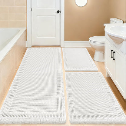 Upgrade Waffle Bath Mat Set 2 Piece, Boho Bathroom Rugs Absorbent Non Slip, Ultra Soft Bathroom Mat, Machine Washable Knit Bath Rugs with Herringbones for Bathroom, Bedroom, Kitchen, Shower, White
