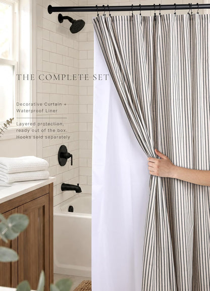 Farmhouse Striped Shower Curtain - 72x72 Inches, Linen Blend Fabric, Breathable & Machine Washable, Rustic Black for Bathroom Decor (Hooks/Liner Not Included)