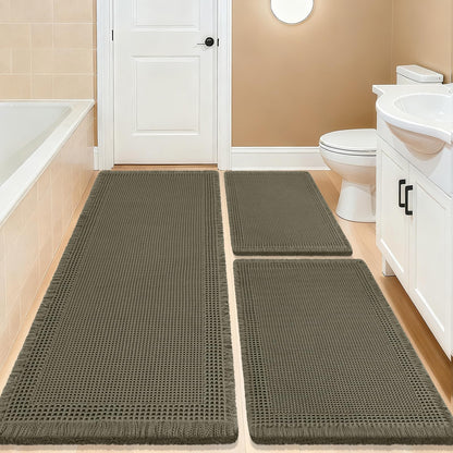 Upgrade Waffle Bath Mat Set 2 Piece, Boho Bathroom Rugs Absorbent Non Slip, Ultra Soft Bathroom Mat, Machine Washable Knit Bath Rugs with Herringbones for Bathroom, Bedroom, Kitchen, Shower, White