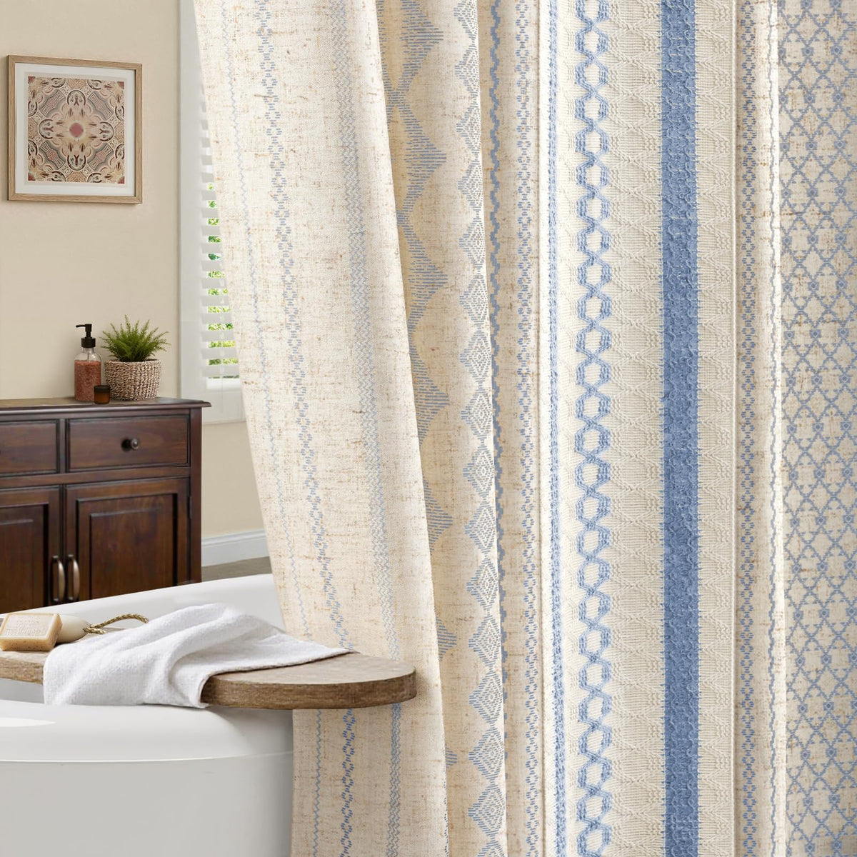 Nave Blue Boho Linen Shower Curtain,72" W x 72" L