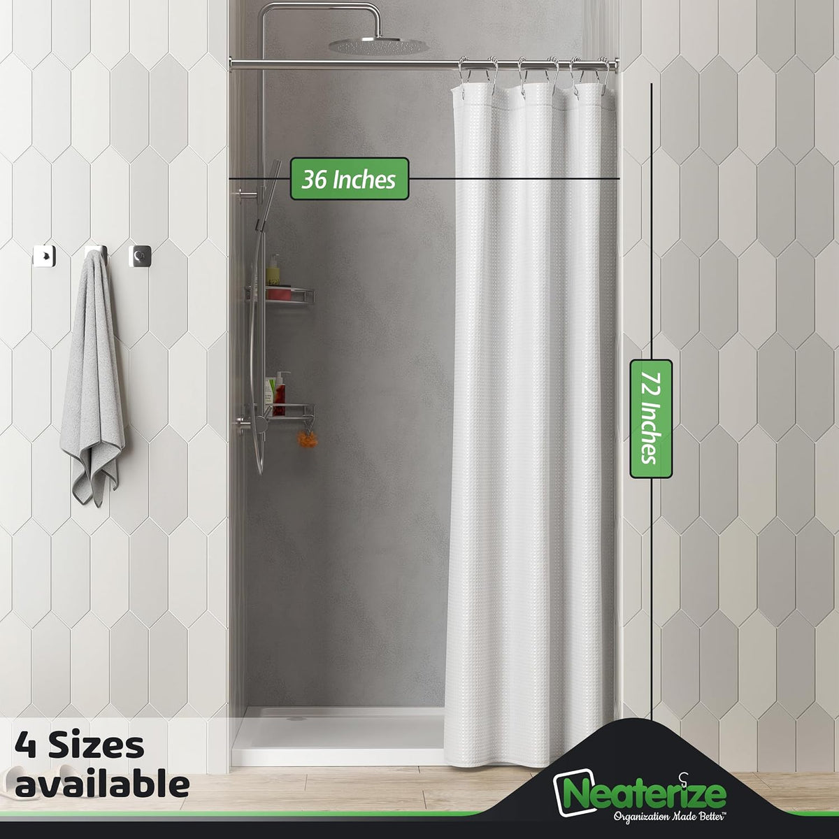 NEATERIZE Stall Shower Curtain White - Hotel Style Shower Curtains for Bathroom with Waffle Design, 36x72 Inches - White Fabric Shower Curtain - Cortinas de Baño Elegantes