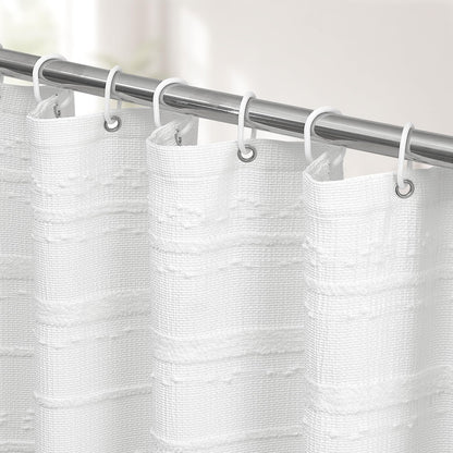 Extra Long White Shower Curtain Boho, 72 x 84 Cotton Blend Waffle Weave Stripe Textured Heavy Duty, Fabric Shower Curtain for Bathroom, Hotel, Washable