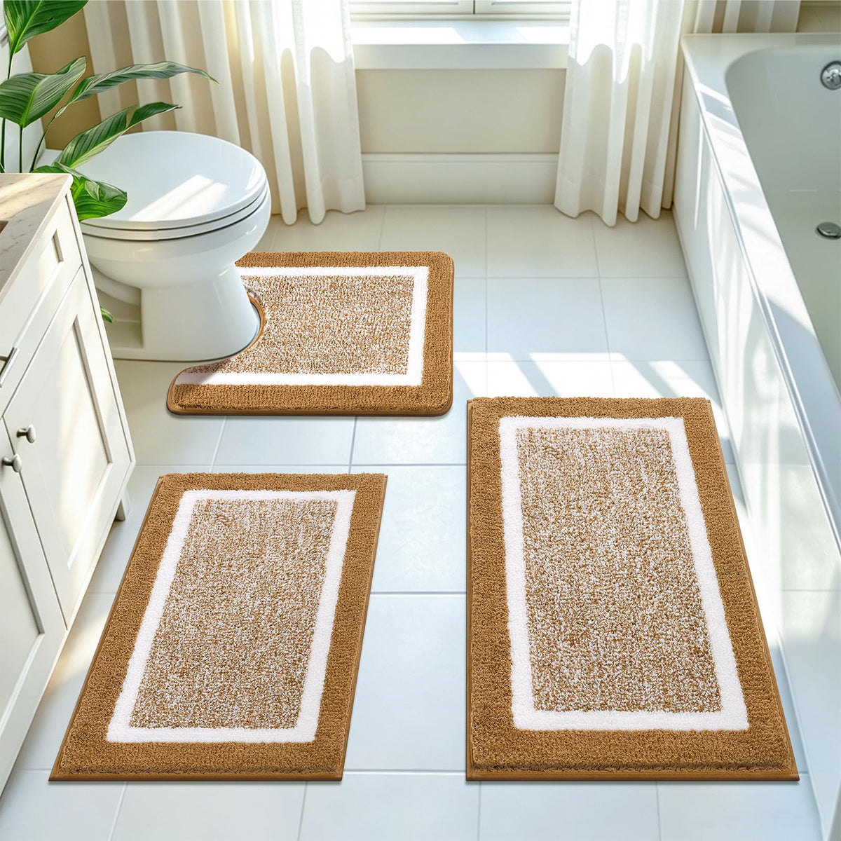Pauwer Bathroom Rugs 3 Piece Set, Non Slip Washable Bath Mat, Dark Grey