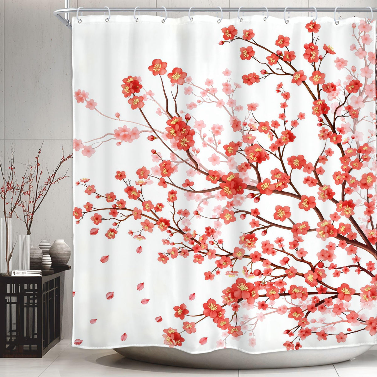 Pink Cherry Blossom Plum Asian Shower Curtain Japanese 60Wx72H Inch Decor