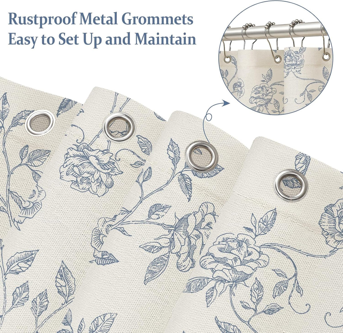 MitoVilla Vintage Farmhouse Blue Floral Poly-Cotton Shower Curtain, 72x72