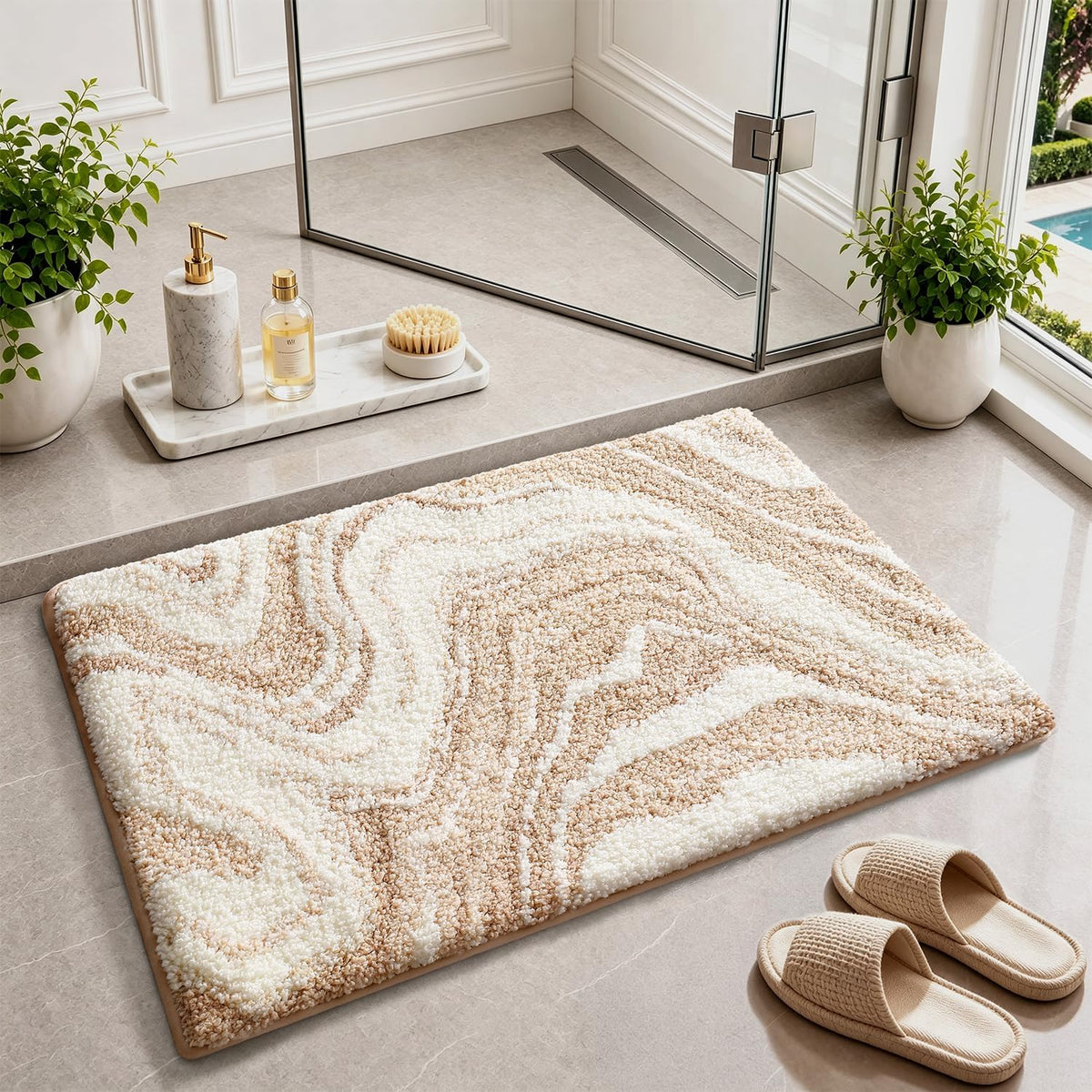 Color&Geometry Marble Bath Mat, 24"x36",Khaki Wave Bathroom Rug