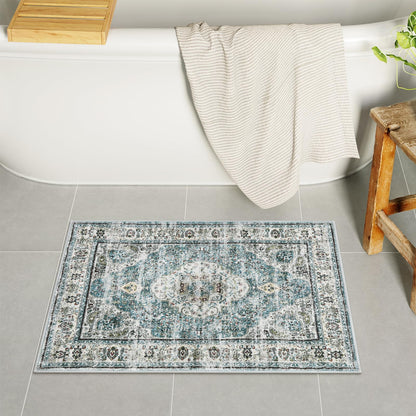 Uphome Boho Small Bath Mat, Distressed Farmhouse Light Khaki Bath Rugs, Comfy Velvet Bathroom Rugs Non Slip Washable, Vintage Oriental Toilet Rug for Sink Shower Vanity, 18x26 inch