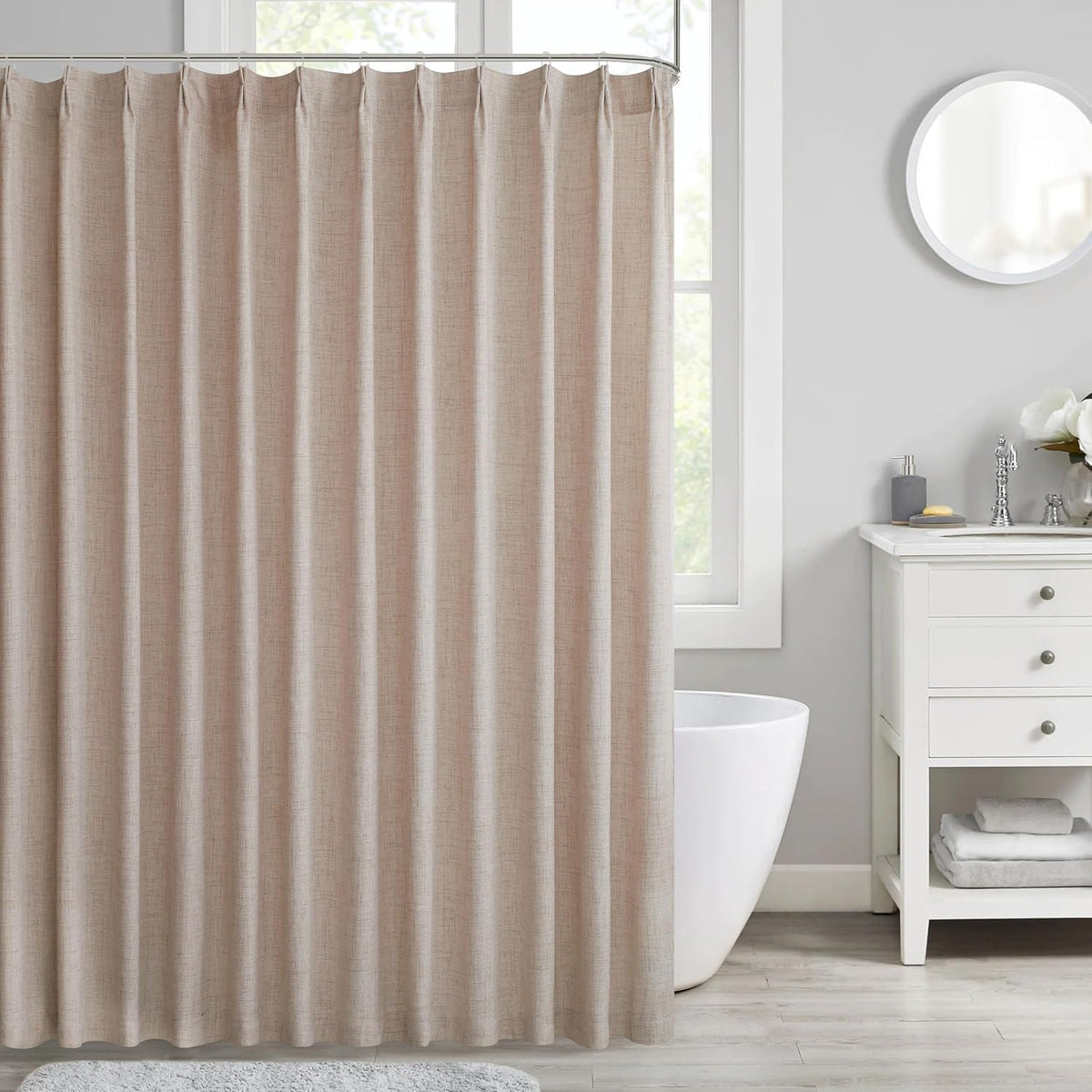 HIG Camel Linen-Like Pinch Pleated Shower Curtain, 72 Inch Wide, Fabric Bathroom Curtain with Memory Shape, Modern Neutral Solid Color, Machine Washable Privacy Cloth Curtain for All Season Use
