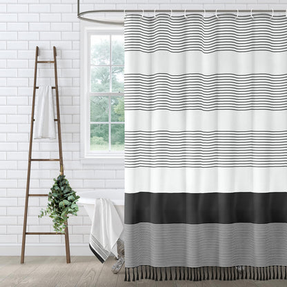 Sage Green Boho Cotton Striped Shower Curtain with Tassel 72"W X 72"L