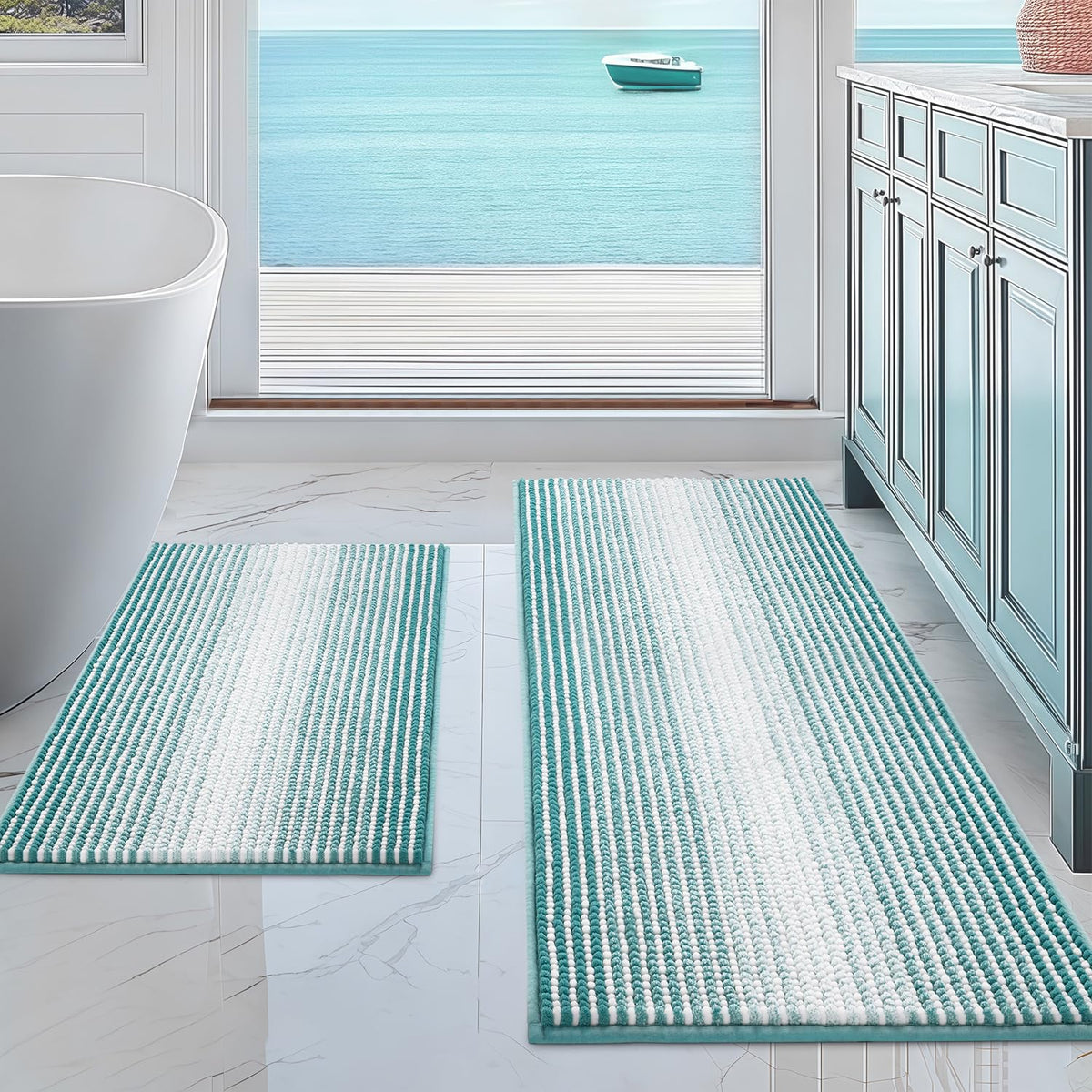 BSICPRO Bathroom Rugs Sets 2 Piece, Non Slip Striped Bath Mats, Fog Blue