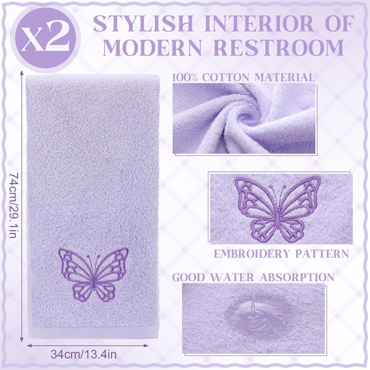 SmoothNovelty 2 Pcs Butterfly Hand Towels Purple Bathroom Decor 14x29 Inch